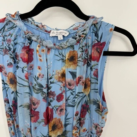Le Ragazze Tiered Floral Airy Silk Sleeveless Midi Maxi Dress Floral Blue L - Picture 1 of 10